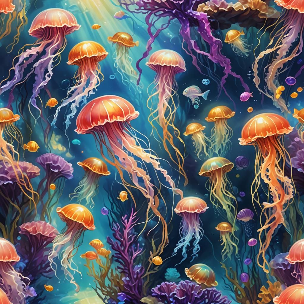 Underwater Scene with Jellyfish in Oil Painting Style