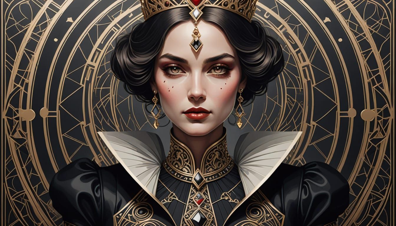 Regal Futurism: Minimalist Queen of Hearts Portrait
