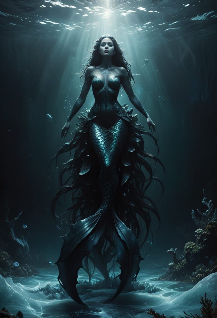 Ethereal Dark Mermaid Portrait in Deep, Muted Oceanic Blues