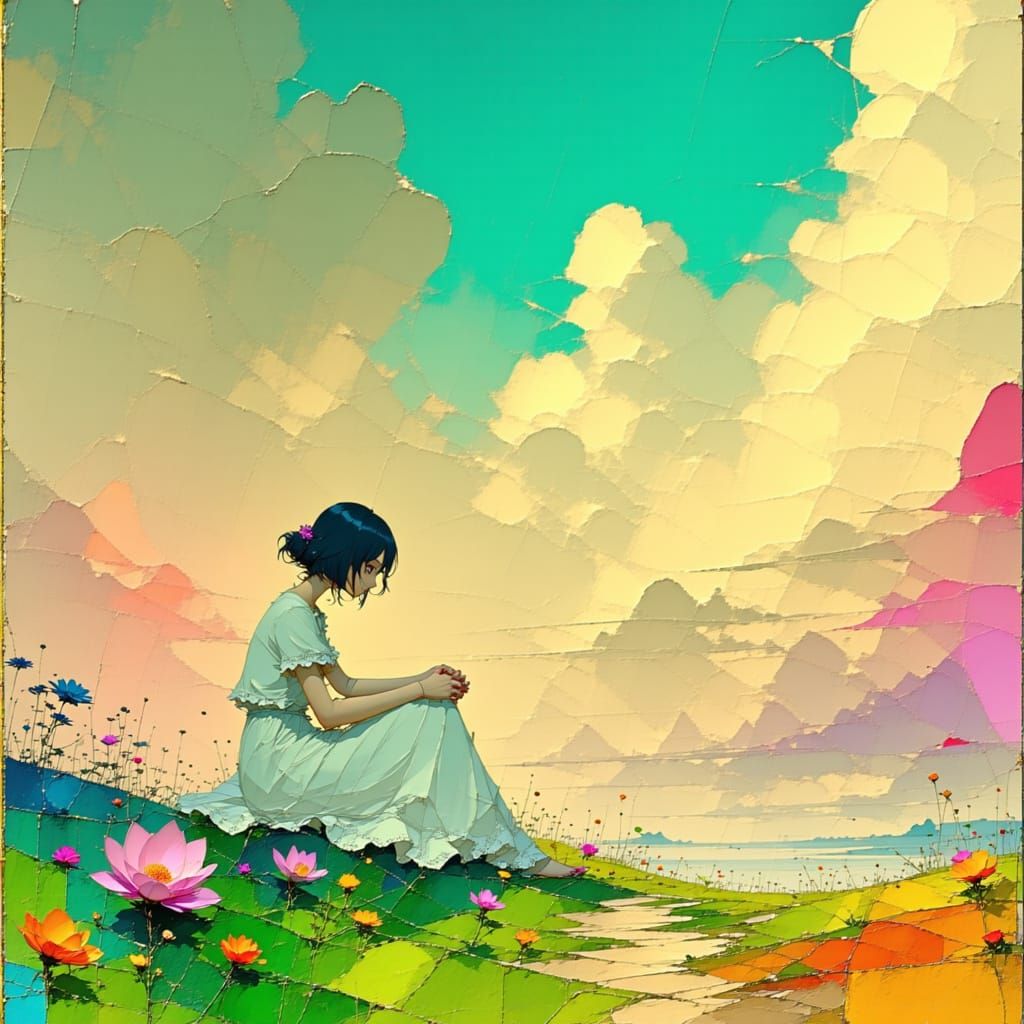 Dreamy Landscape with Serene Woman in Vibrant Wildflowers