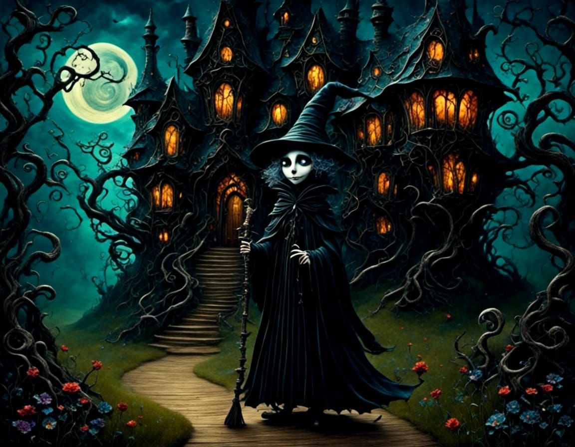 Young Wizard at Haunted House: Tim Burton Style