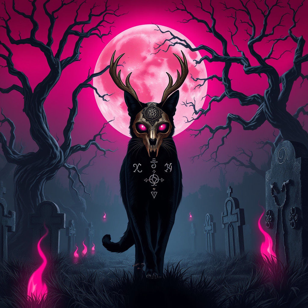 Black Cat Guardian in Graveyard, Dark Mystical Art