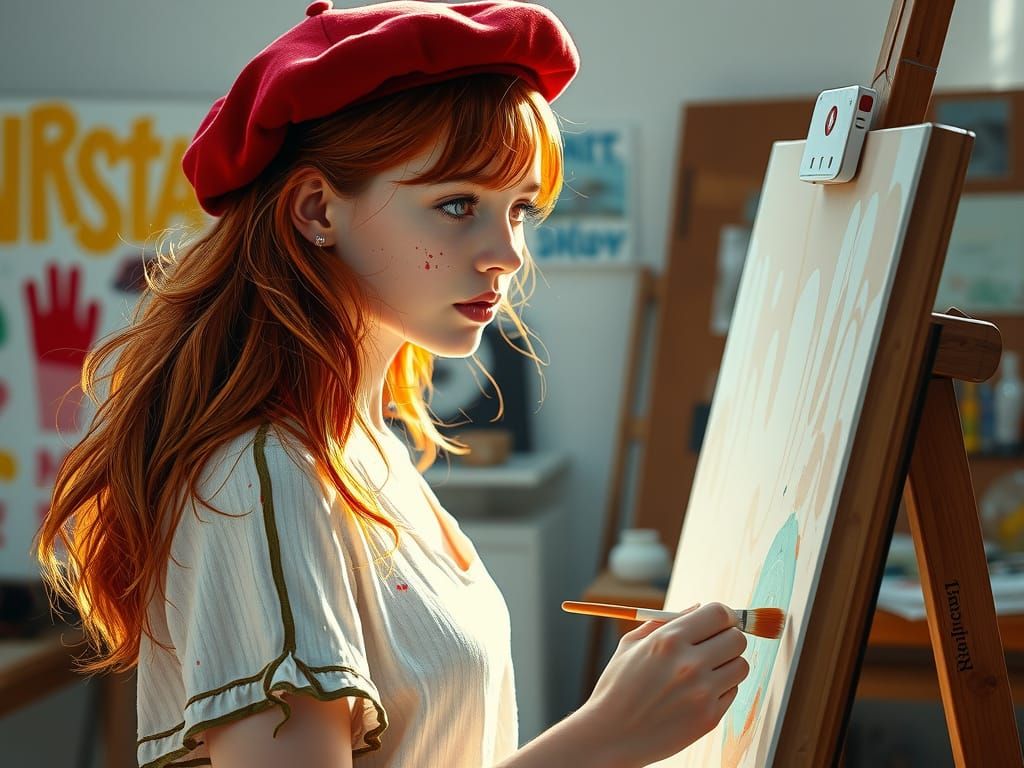 Red-Haired Girl in Studio: Oil Painting