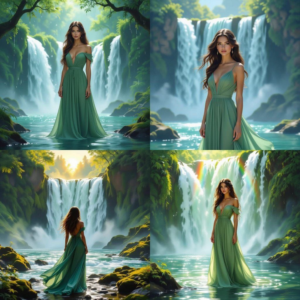 Pretty Girl in Sage Green Dress by Waterfall