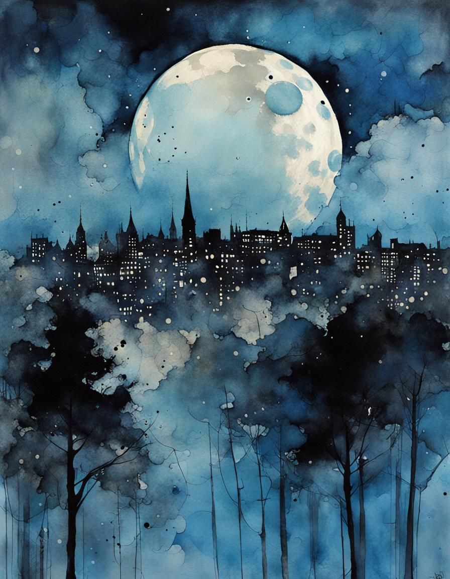 Blue Moon Over City Silhouette in Celestial Style