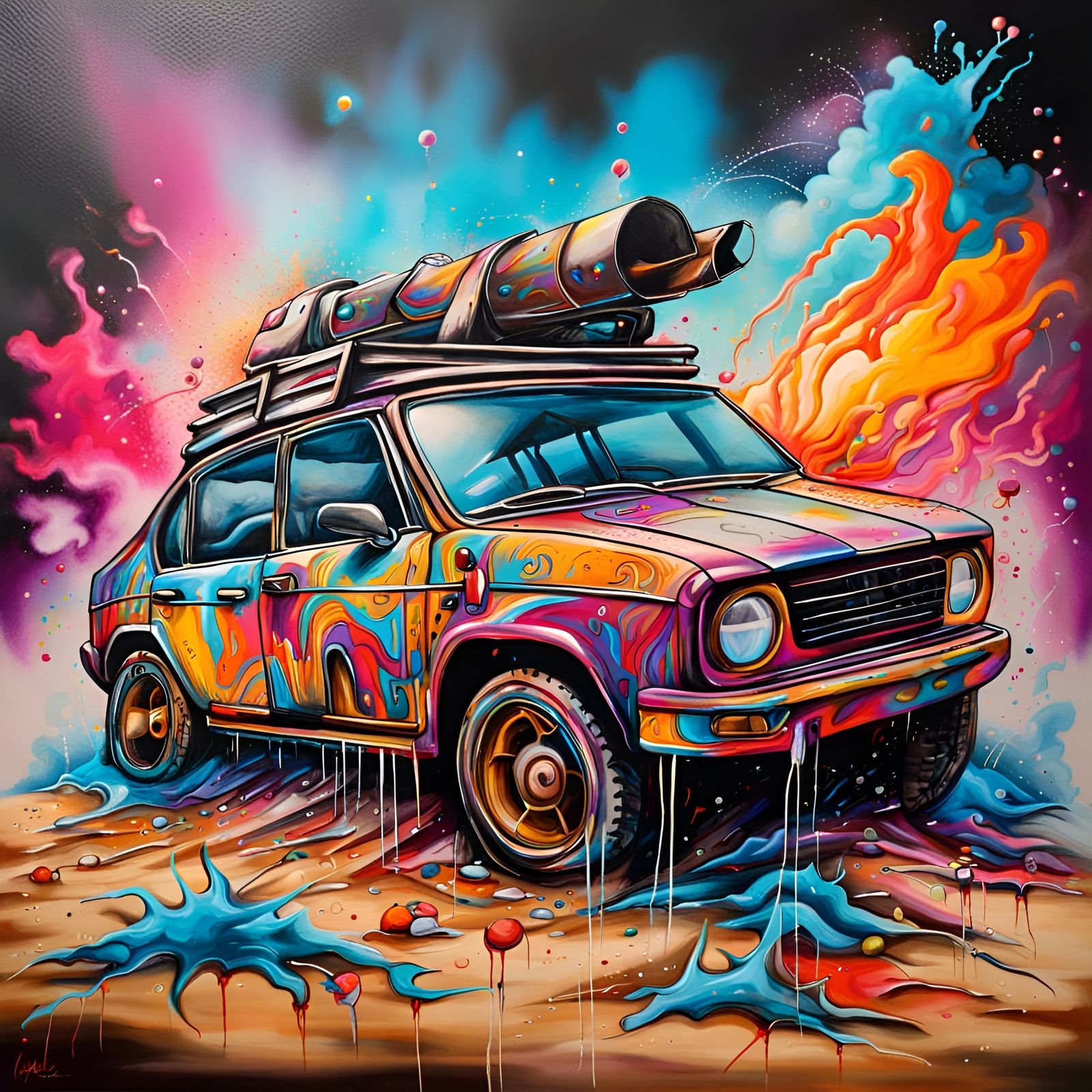 Armored Car Rushing Through Stormy Desert, Graffiti Art