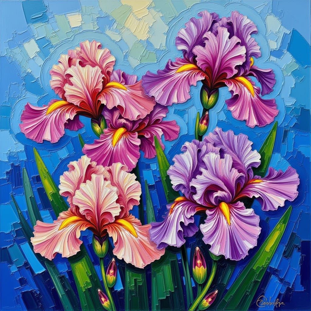 Beautiful multi colored irises in 3D on thick textured background painted withe blue oil paint with paint dripping off f...