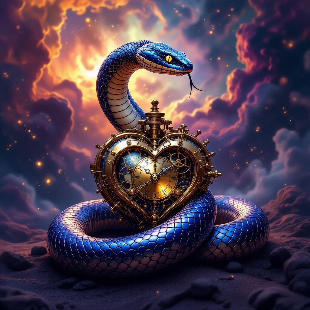Mercury Cobra Coiled Around Steampunk Heart in Cosmic Nebula