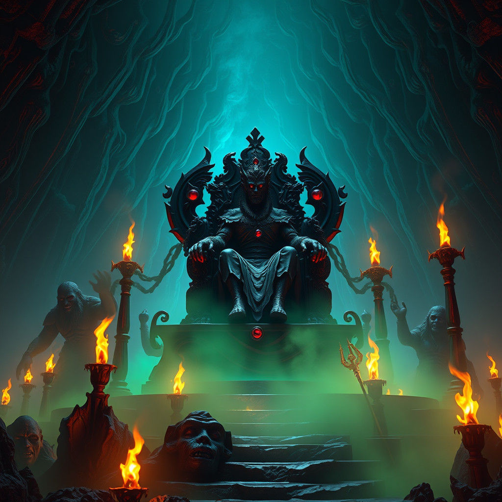 Hades on Throne in Dark Fantasy Underworld
