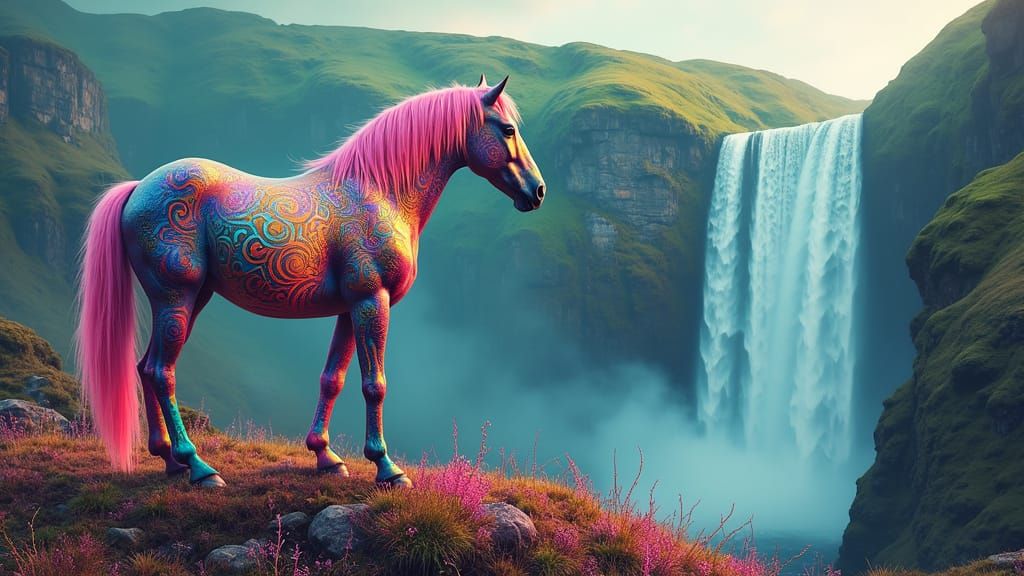 Rainbow Tribal Horse Contemplates Mystical Waterfall