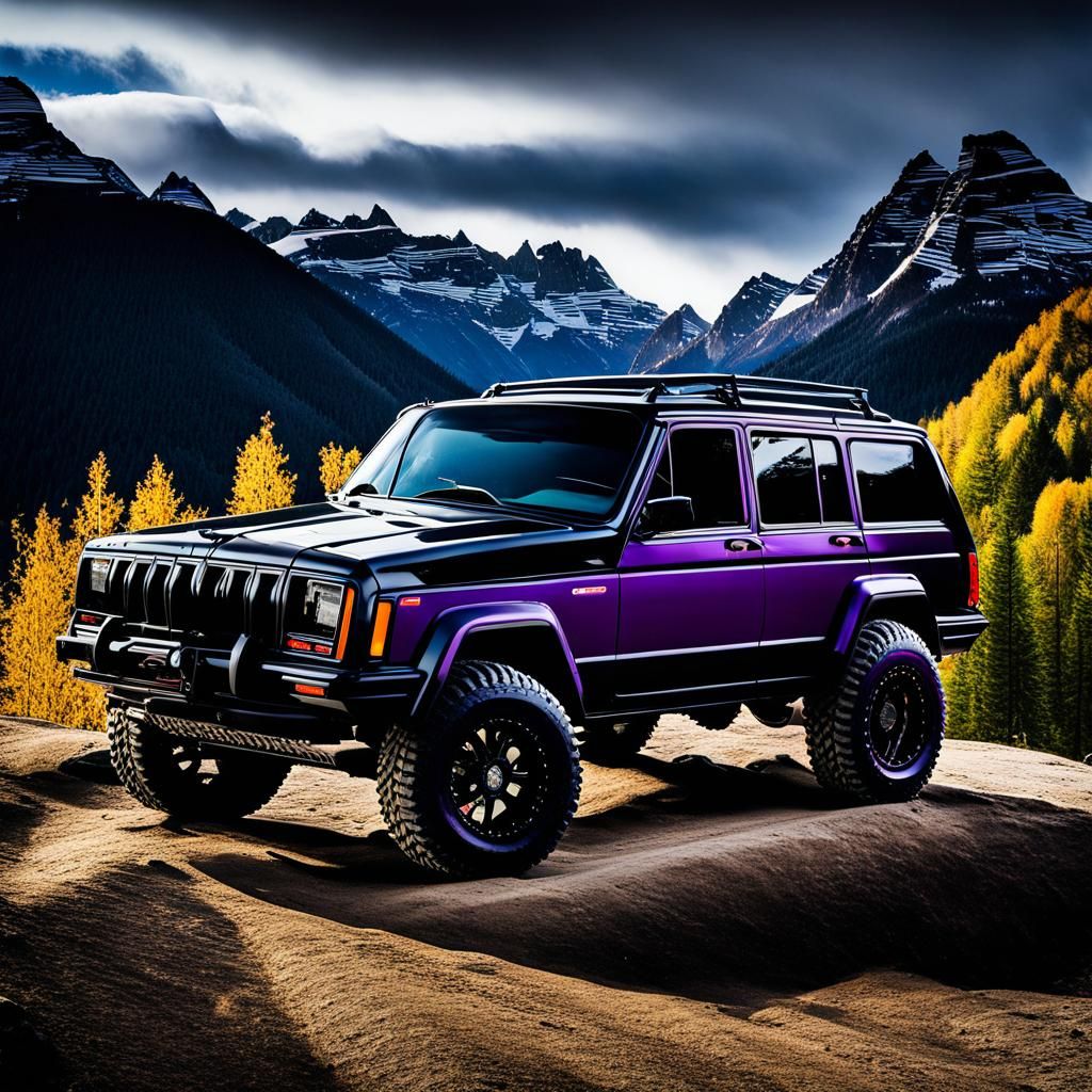 decked out 1991 jeep (Cherokee:3) xj. lifted 3". Black paint full view high in the mountains
