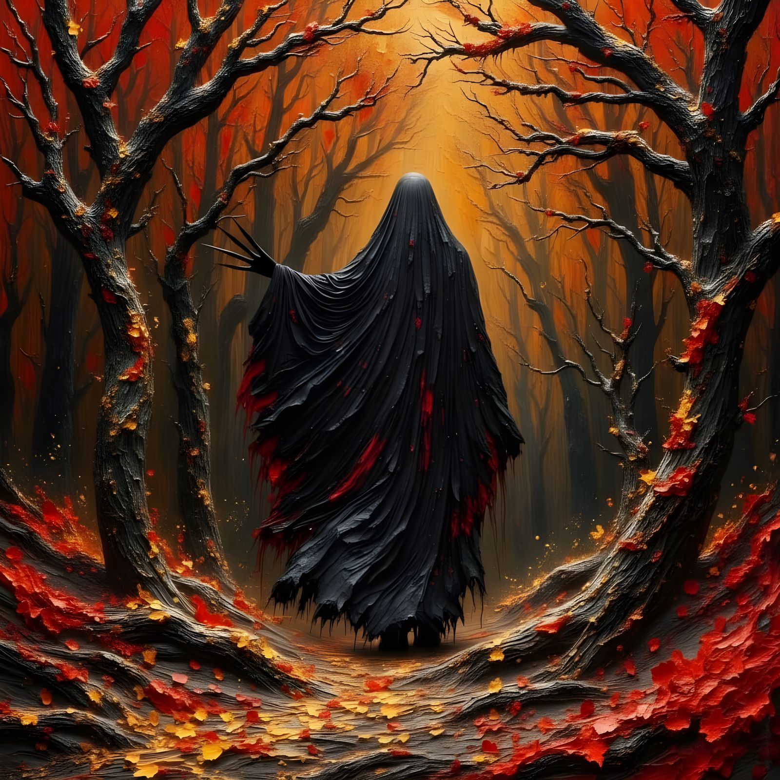Dark Forest Wanderer in Dramatic Oil Painting Style