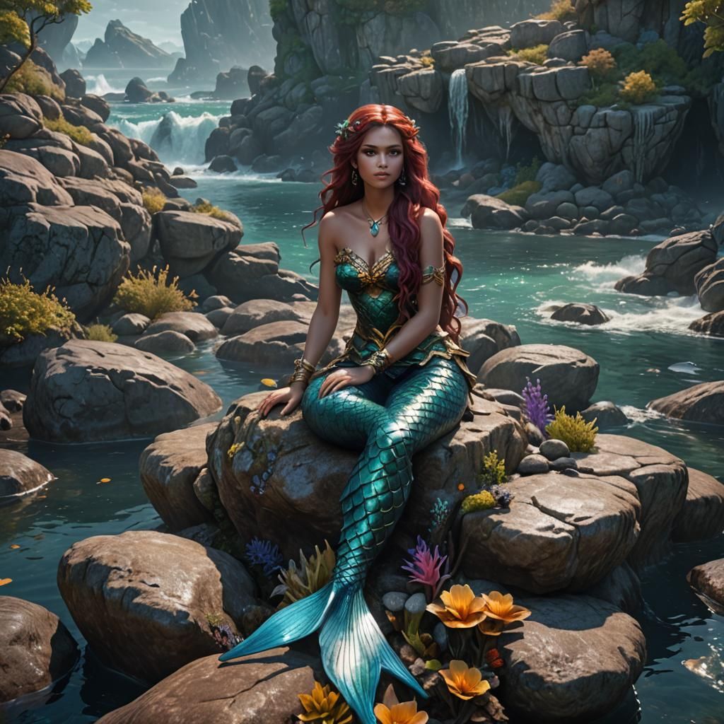 Detailed Mermaid on Rock Fantasy Concept Art