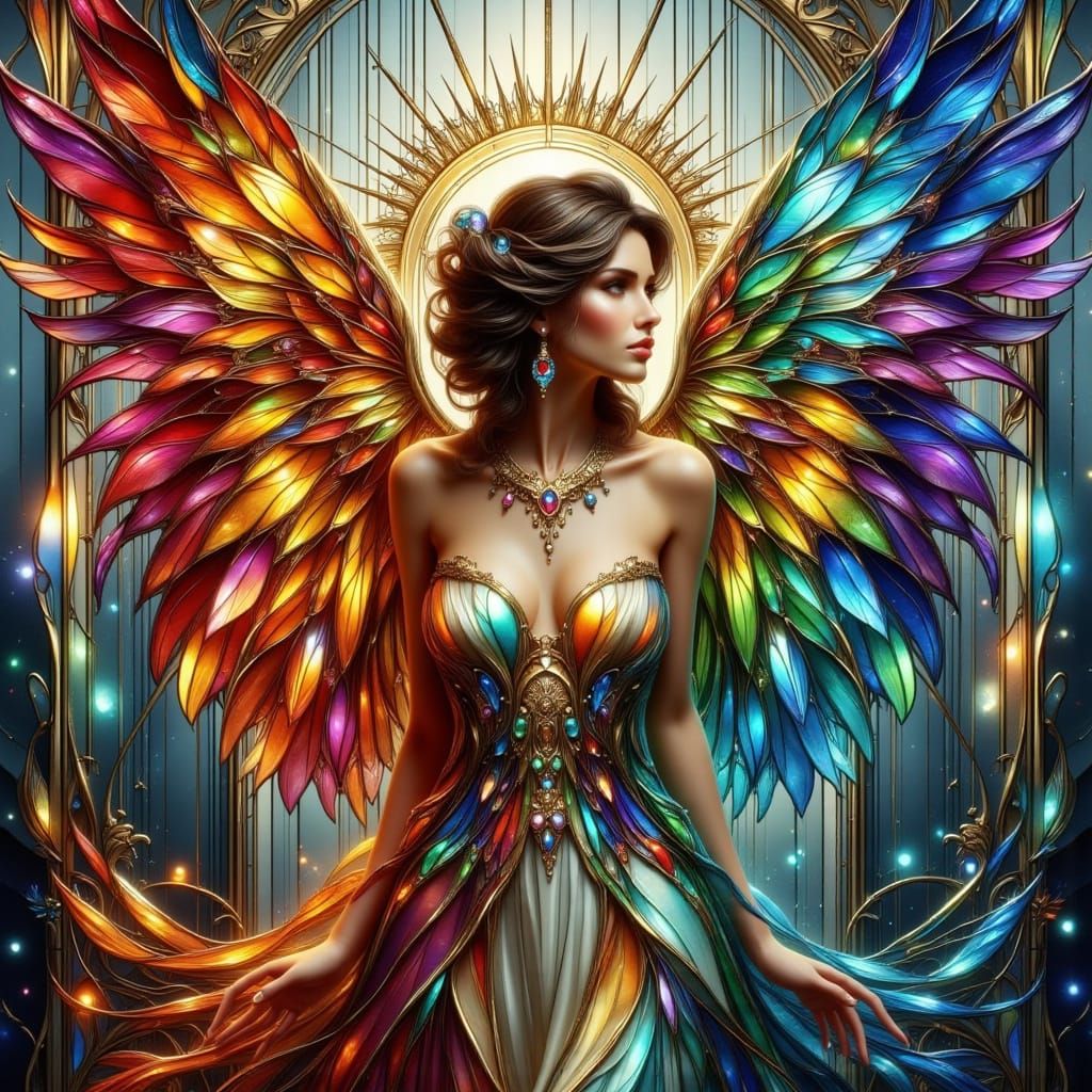 Rainbow Stained Glass Angel in Art Nouveau Style