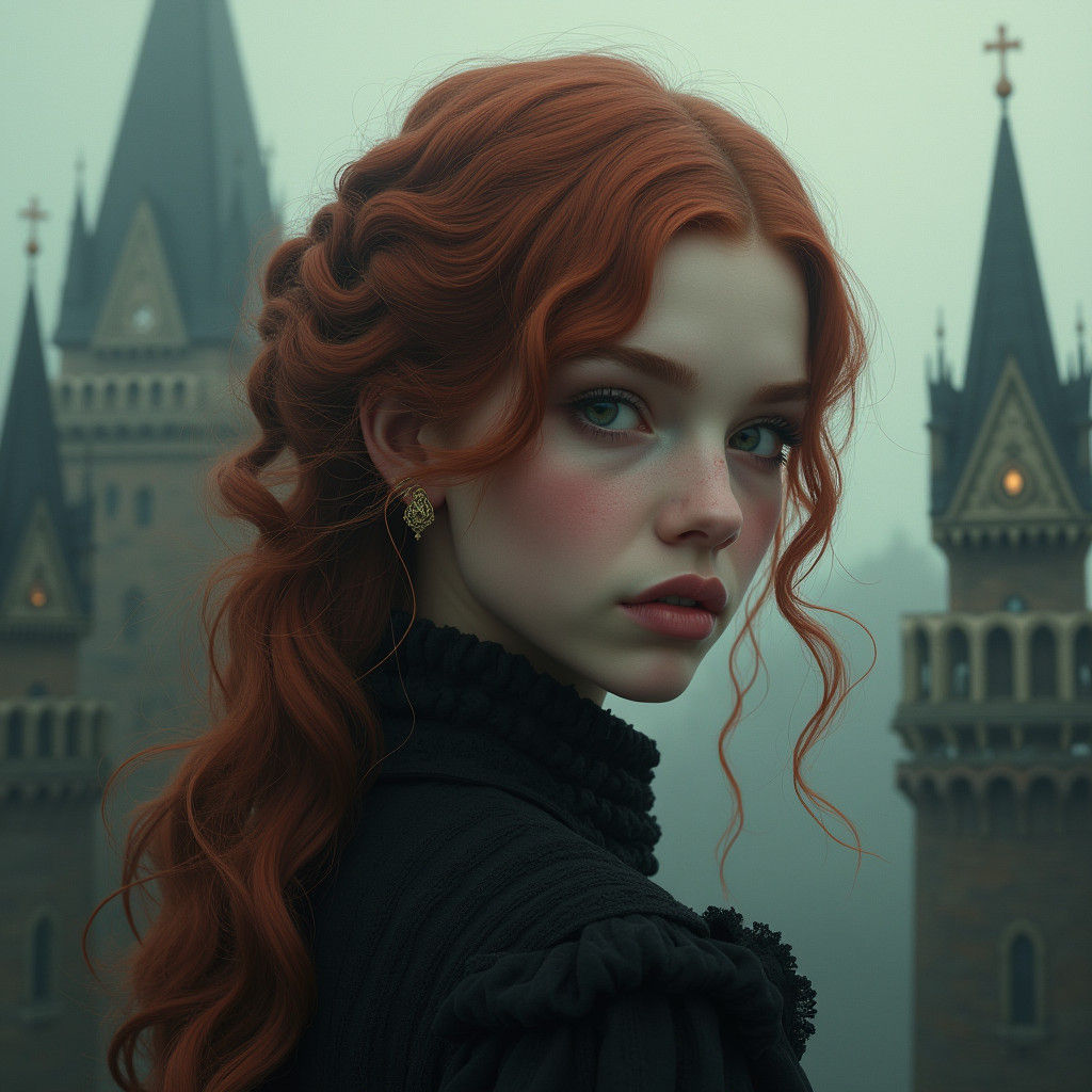 Victorian Girl in Gothic Landscape, Fantasy Concept Art
