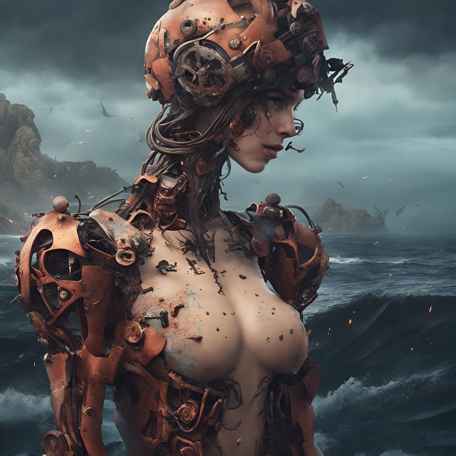 Dismembered Mechanized Girl Near Ocean Crash