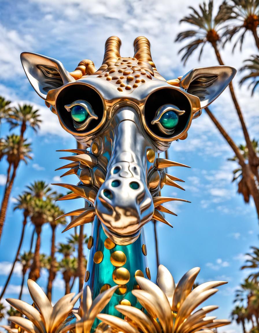Silver Giraffe Sculpture in Retrofuturistic Oasis