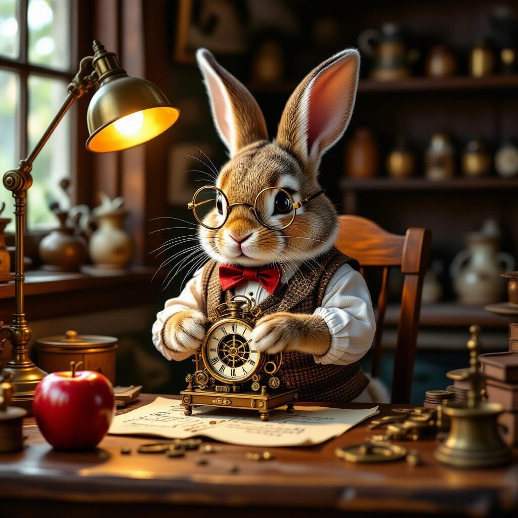 Steampunk Rabbit Crafts Clockwork Apple in Cozy Workshop