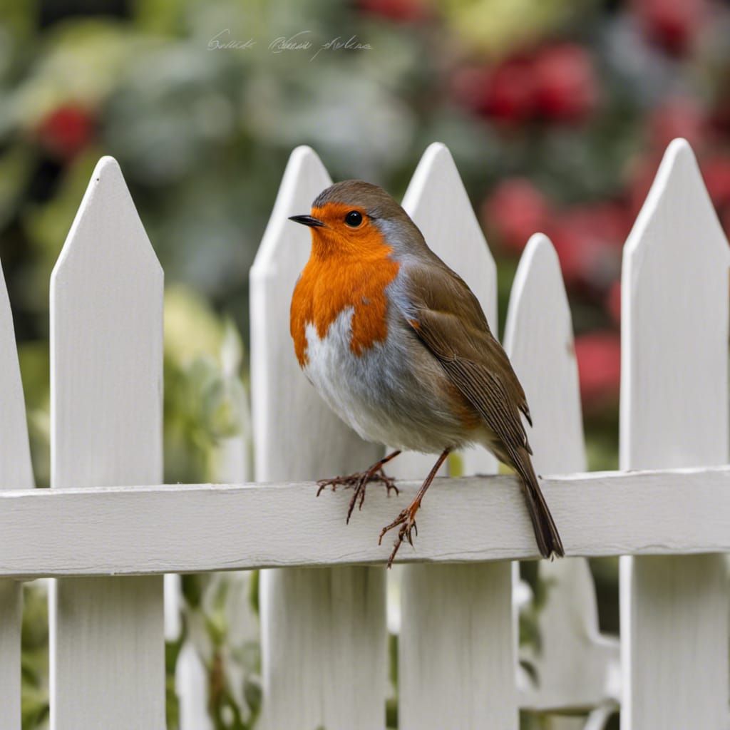 Robin Redbreast on White Picket Fence