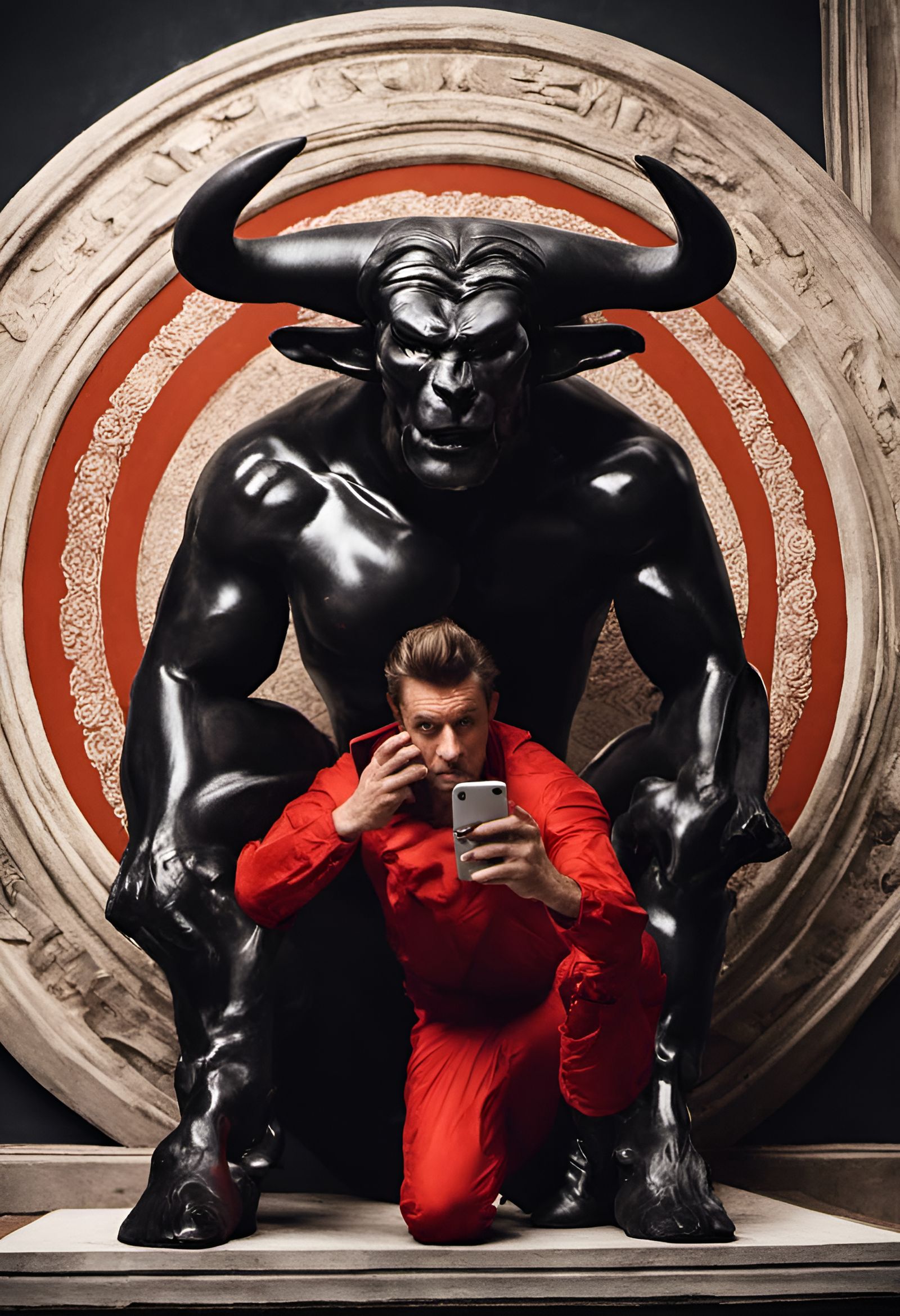 Selfie with Marble Minotaur in Maze, Digital Art