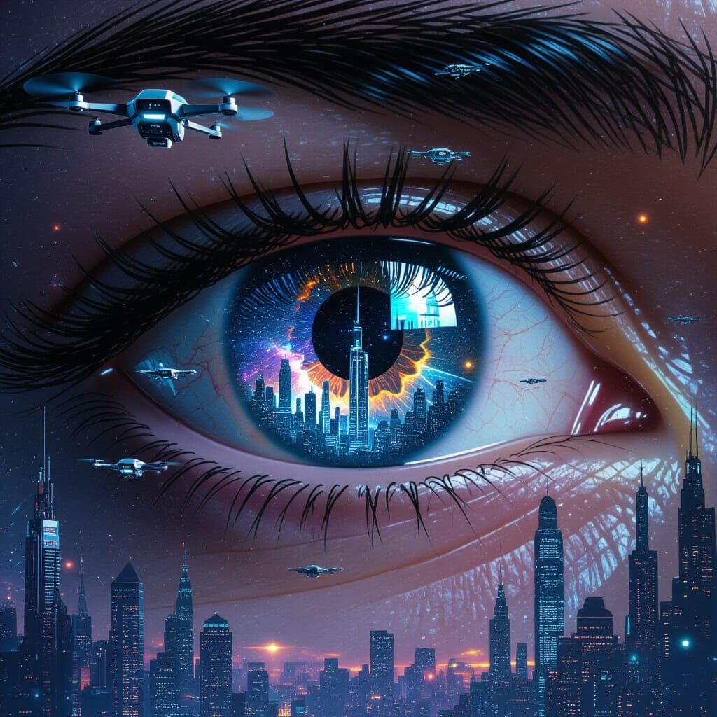 Eye Reflecting Futuristic Cityscape in Sci-Fi Style