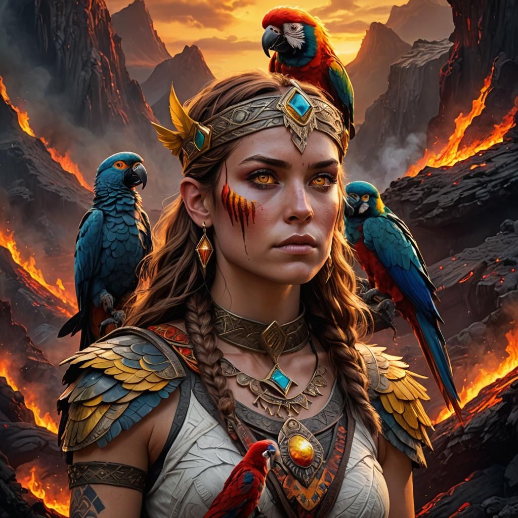 Viking Woman with Macaw by Lava Lake