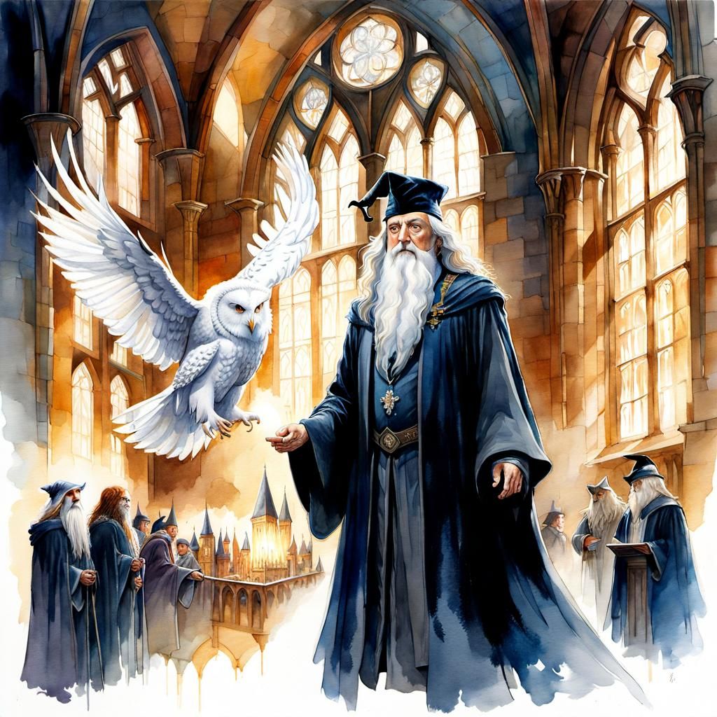 Double Exposure: Wizard and Owl in Watercolor Style