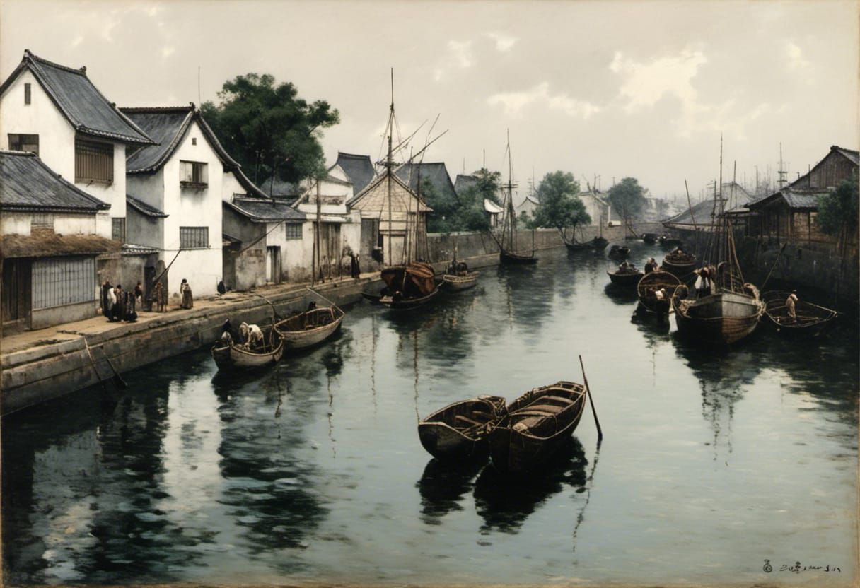 Tokyo Canal Scene in 1880 as Oil Painting