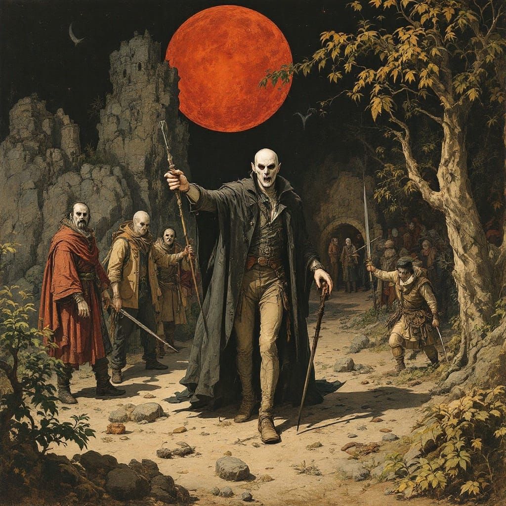 Vampire Explorer and Hunters in Expressionist Animation Styl...