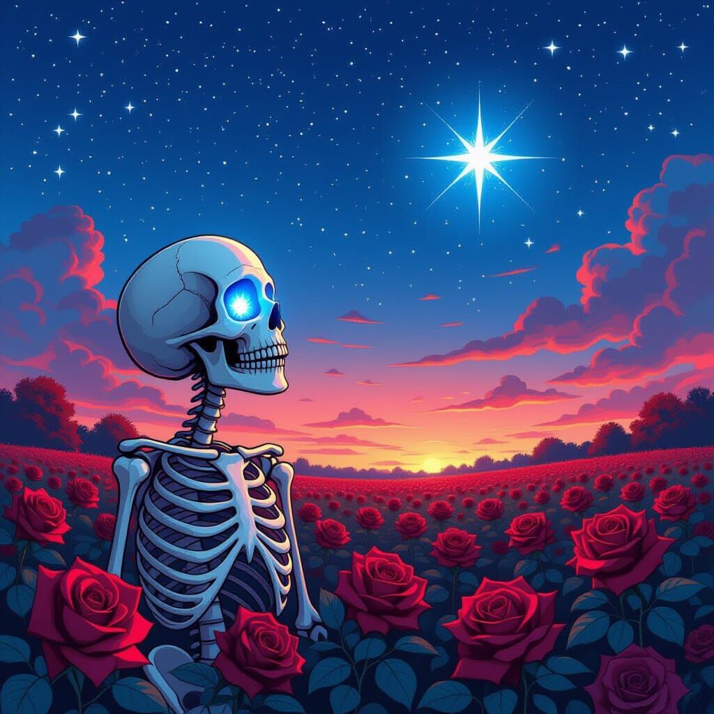 Skeleton Gazing at Stars in Rose Field, Gothic Cartoon Style