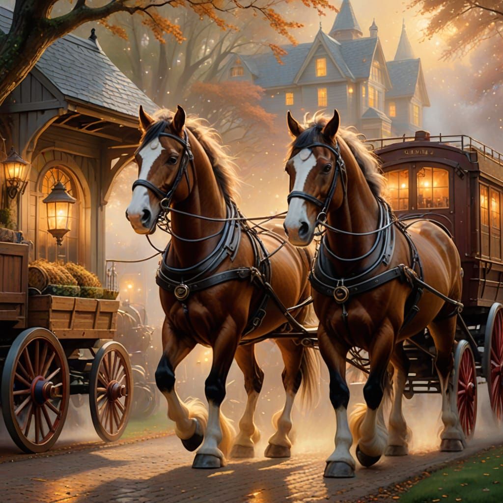 Clydesdale Horses Pulling Brewery Wagon in Golden Mist