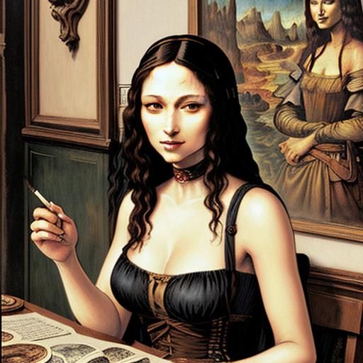 Mona Lisa in Tavern, Black Ink Comic Style