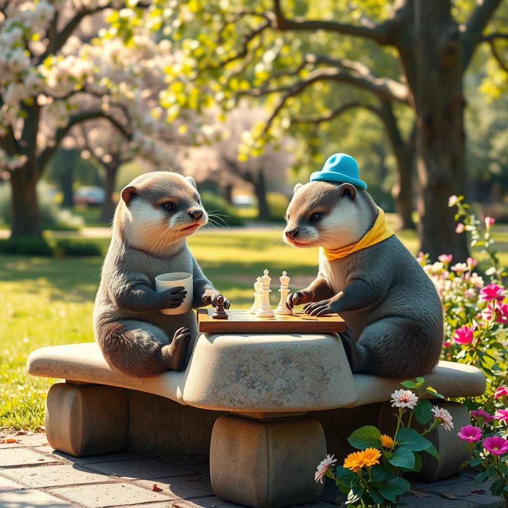 Whimsical Otters Enjoy a Game of Chess in a Serene Park Sett...