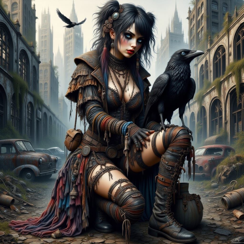 Gothic Girl with Raven in Whimsical Digital Art