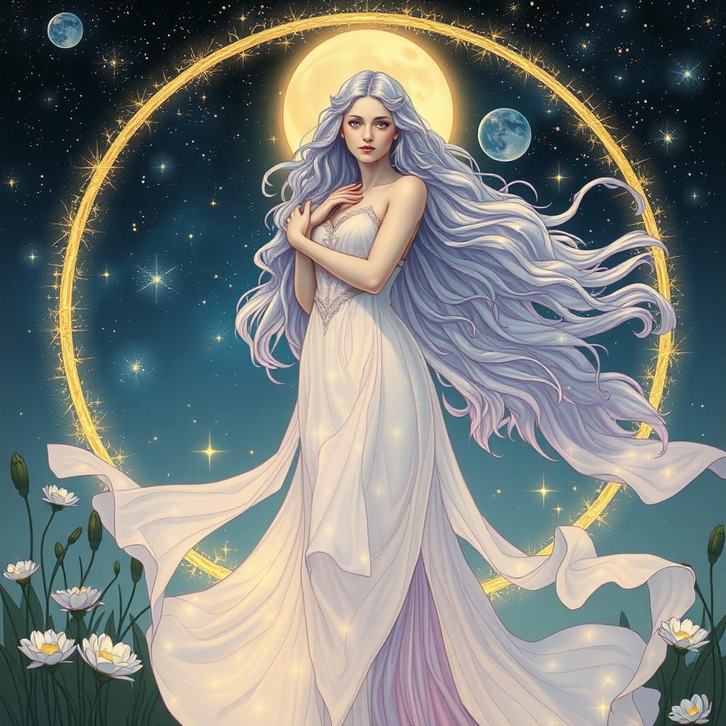 Celestial Sylveanthrope in Starlit Glade, Art Nouveau Style
