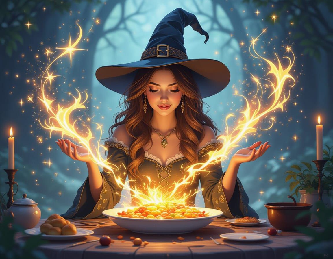 A witch is conjuring a feast into existence out of the air.