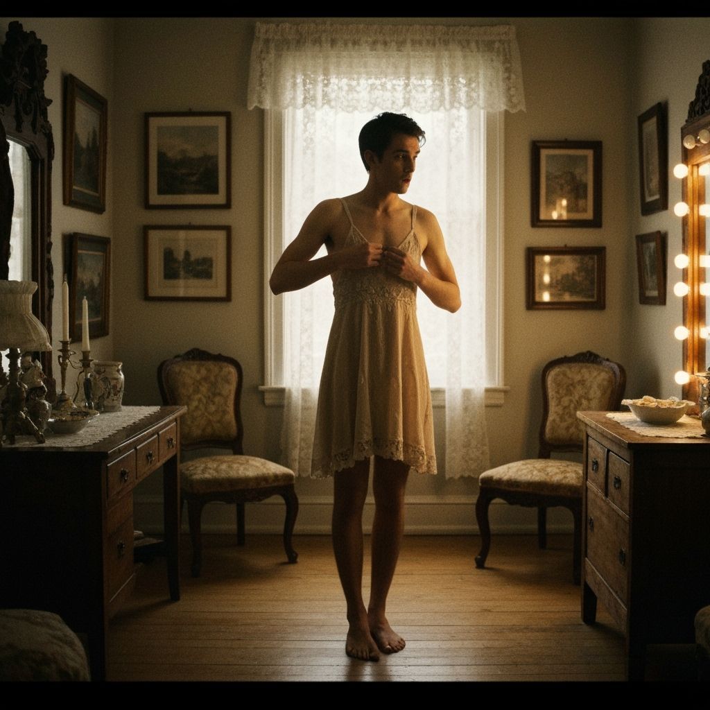 Nervous Crossdressed Man in Vintage Dressing Room