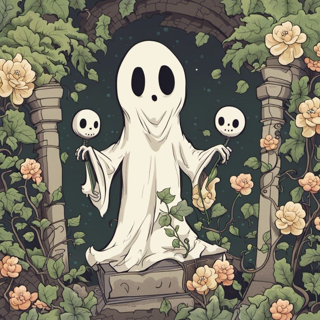 Cute Anthropomorphic Ghost in a Cutesy Graveyard