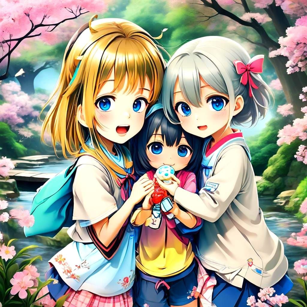 Anime Children Share Ice Cream with Toppings