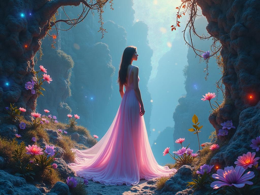 Ethereal Woman at Apex of Lush, Futuristic World