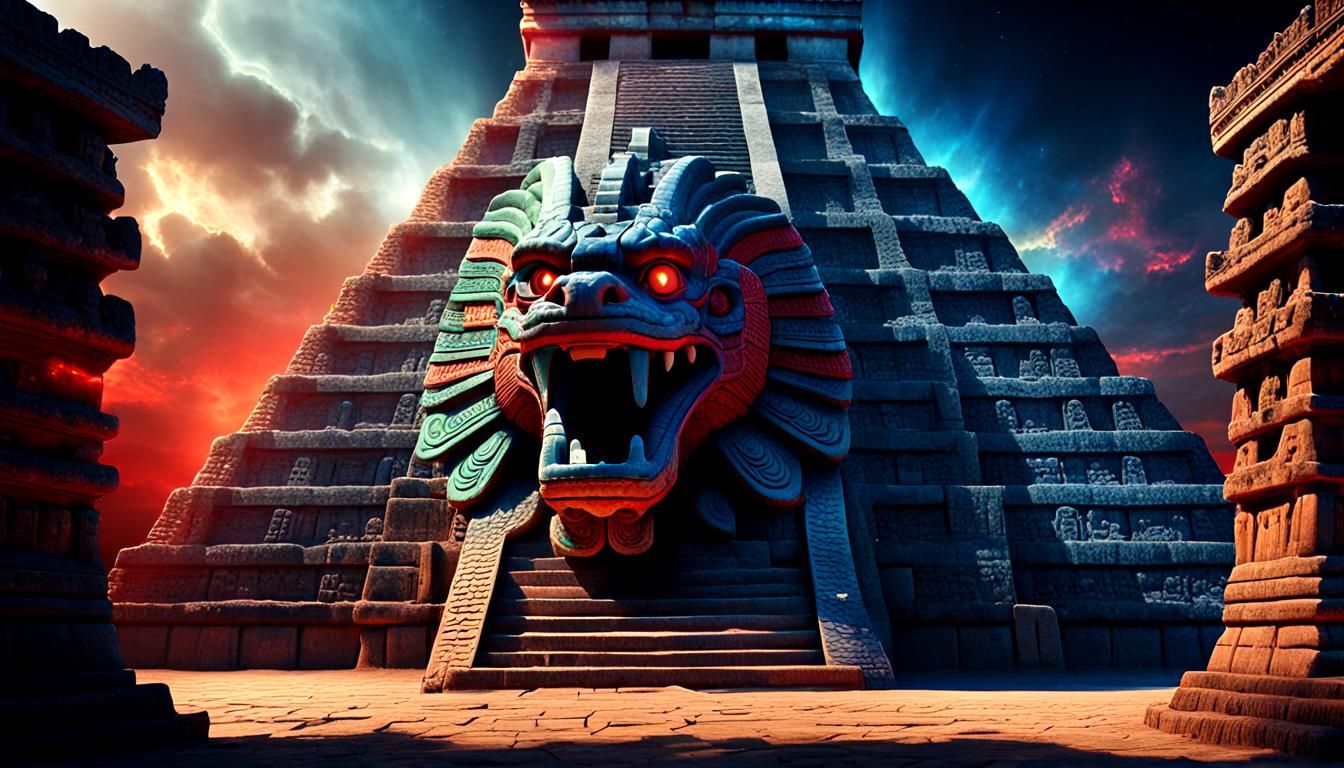 Quetzalcoatl Emerges from Mayan Pyramid in 3D