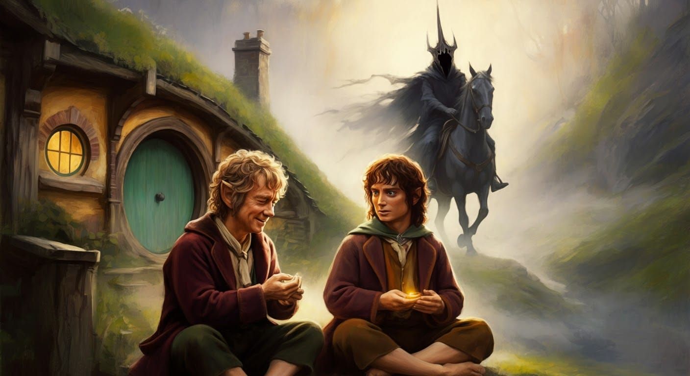 Bilbo and Frodo Laughing with Nazgul in Background