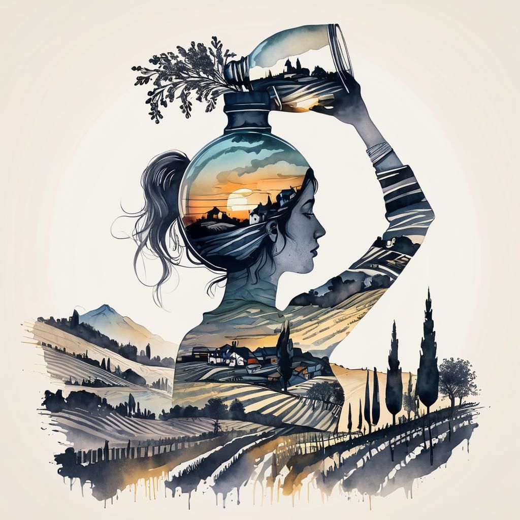 Vibrant Double Exposure: Girl with Vineyard Landscape