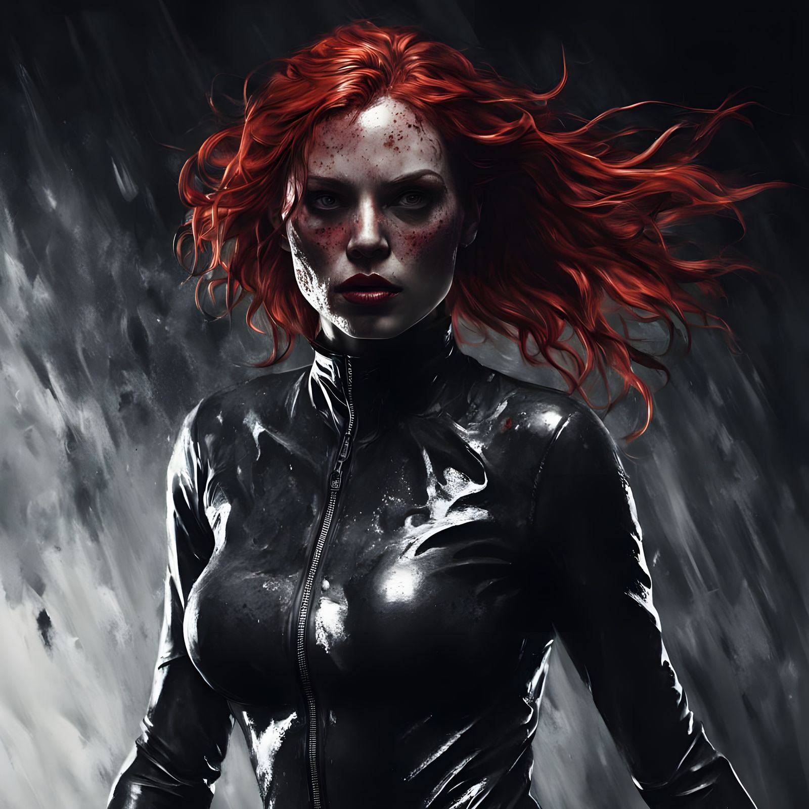 Sultry Red Latex Goddess in Spotlight