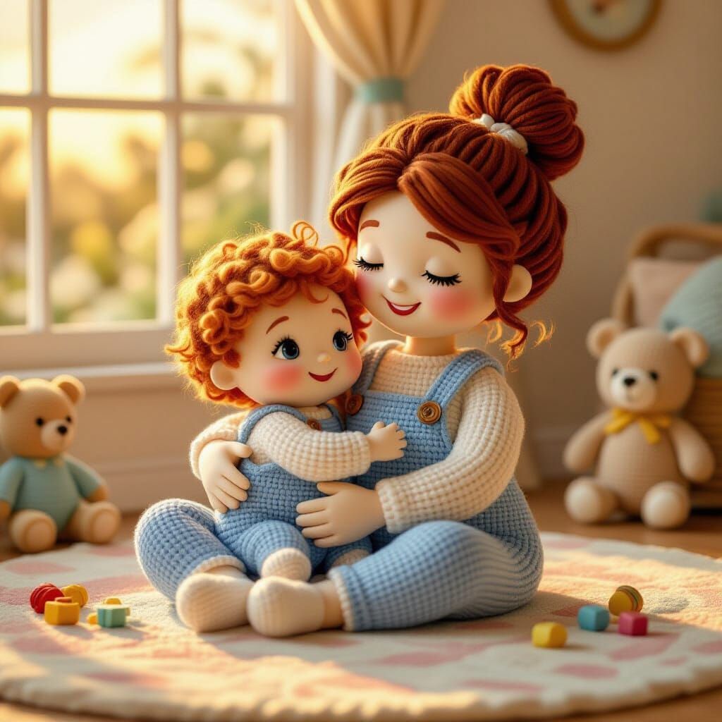 Crocheted Baby Hugs Mom in Golden Sunset Light