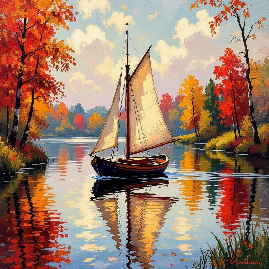 Rustic Sailboat on Autumn Lake in Post-Impressionist Style