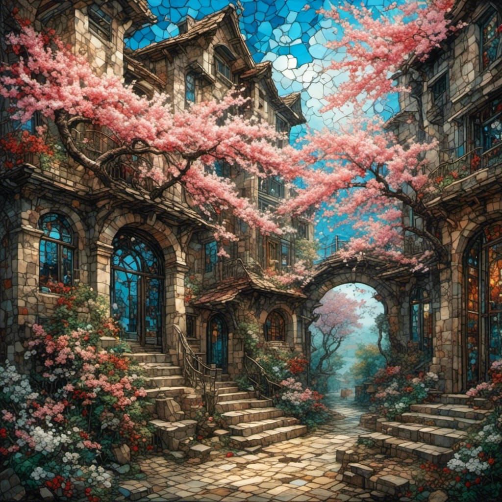 Cherry Blossoms Swirling Through a Stained Glass Disaster