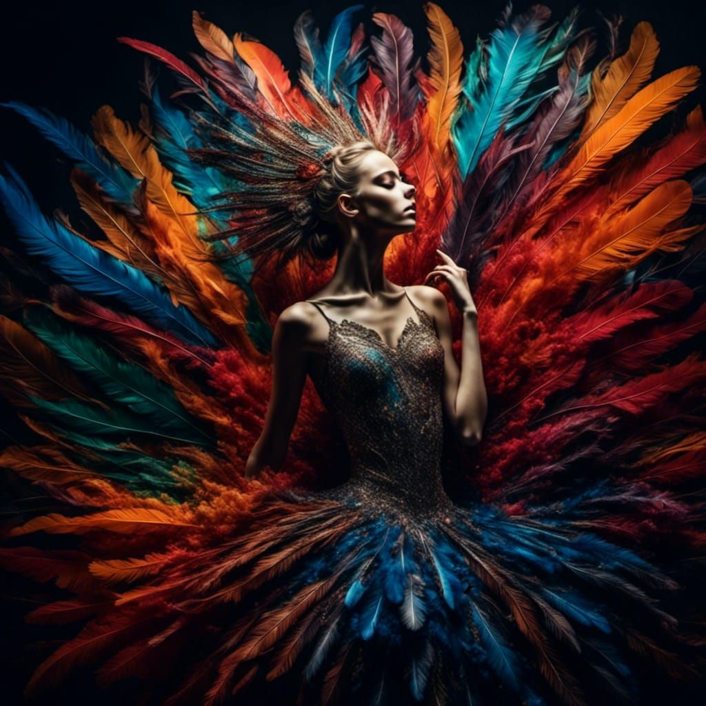 Surreal Feathered Dancer in Vibrant Colors