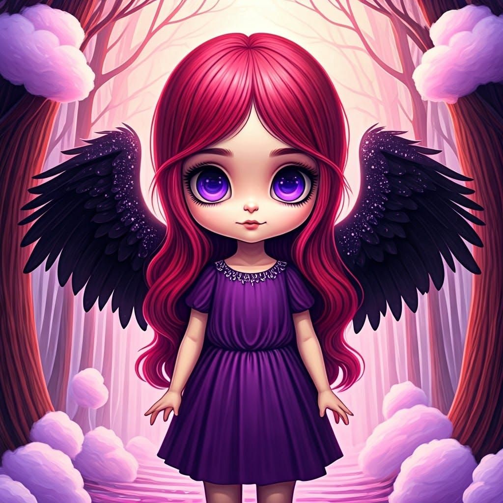 Gothic Horror Core Angel in Chibi Style with Violet Eyes and...