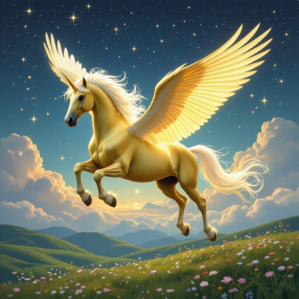 Golden Winged Horse Soars Through Starry Night Sky